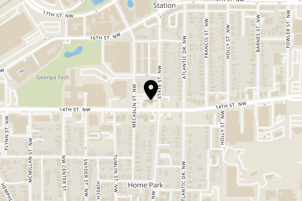 Map showing the location of Goodfellas Pizza & Wings on 365 14th Street NW in Atlanta